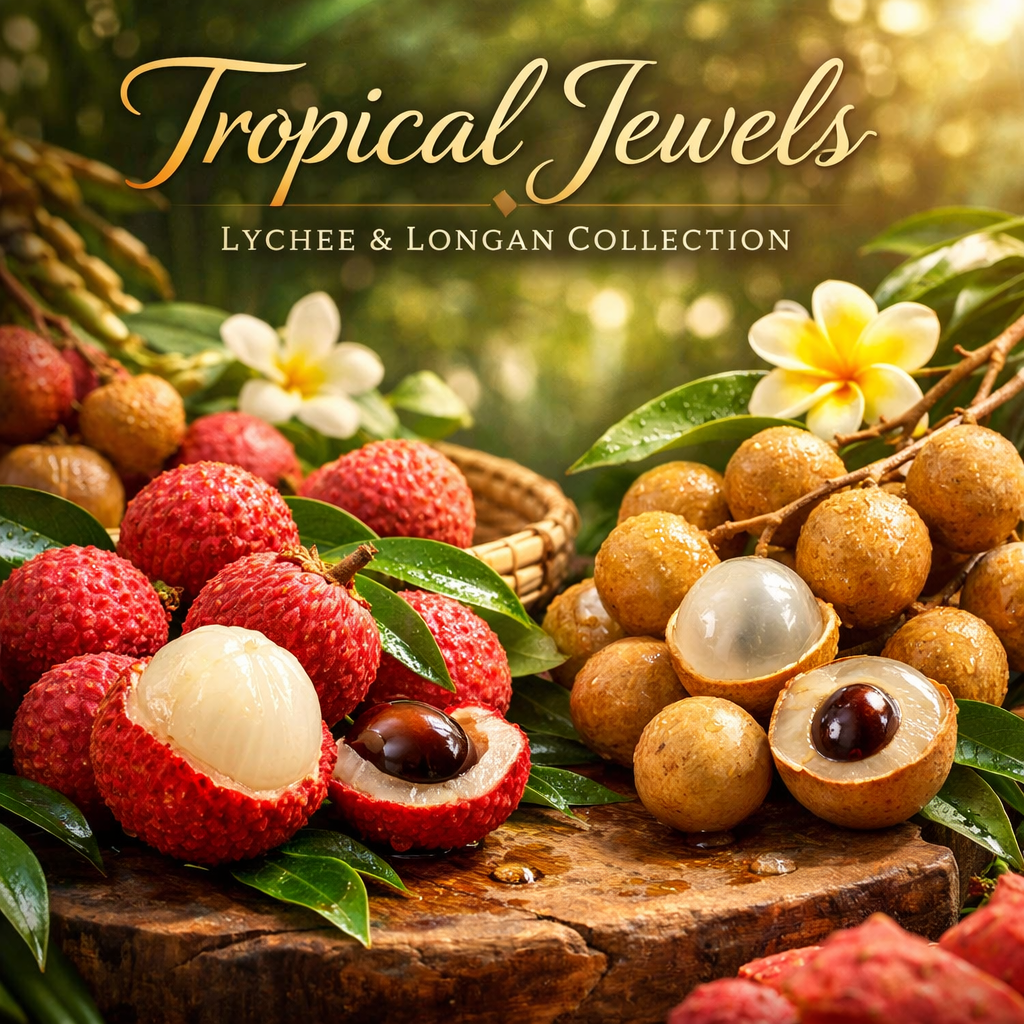 Lychee and longan tropical fruits fresh on tree with lush green leaves
