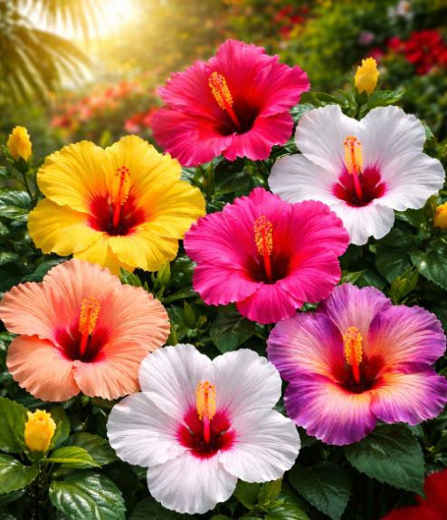 Exotic Hibiscus flowering plant collection in garden