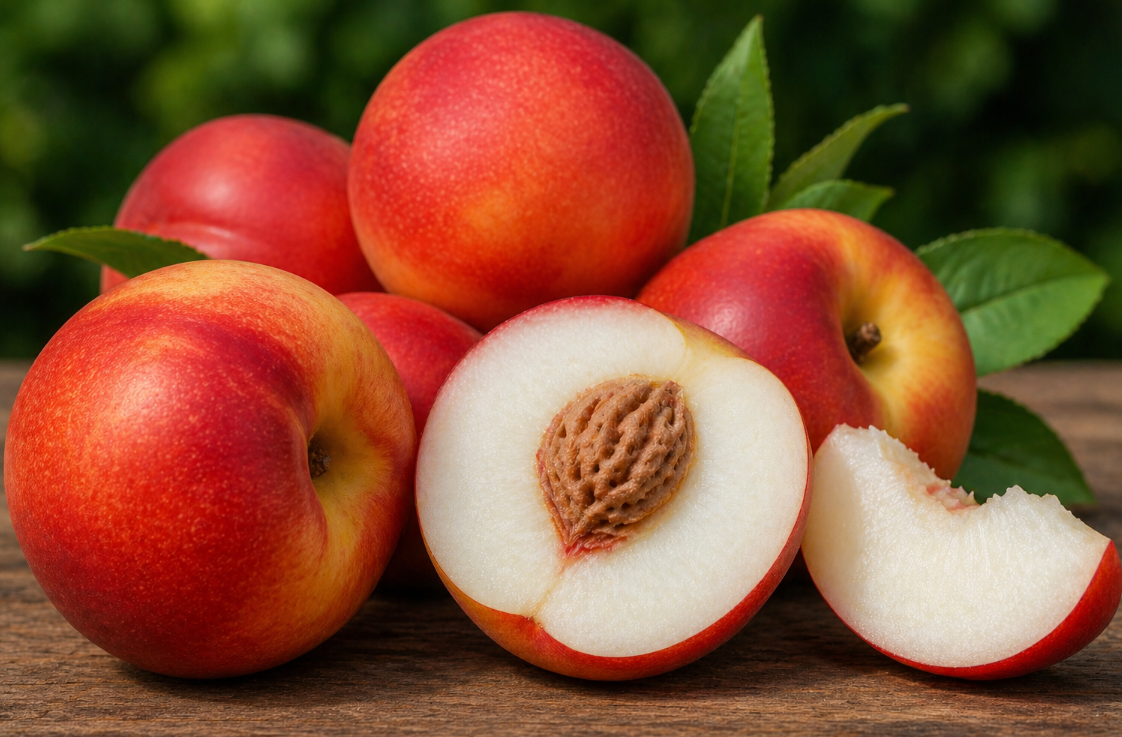 Sunny Belle nectarine white flesh fruit cut open showing juicy texture