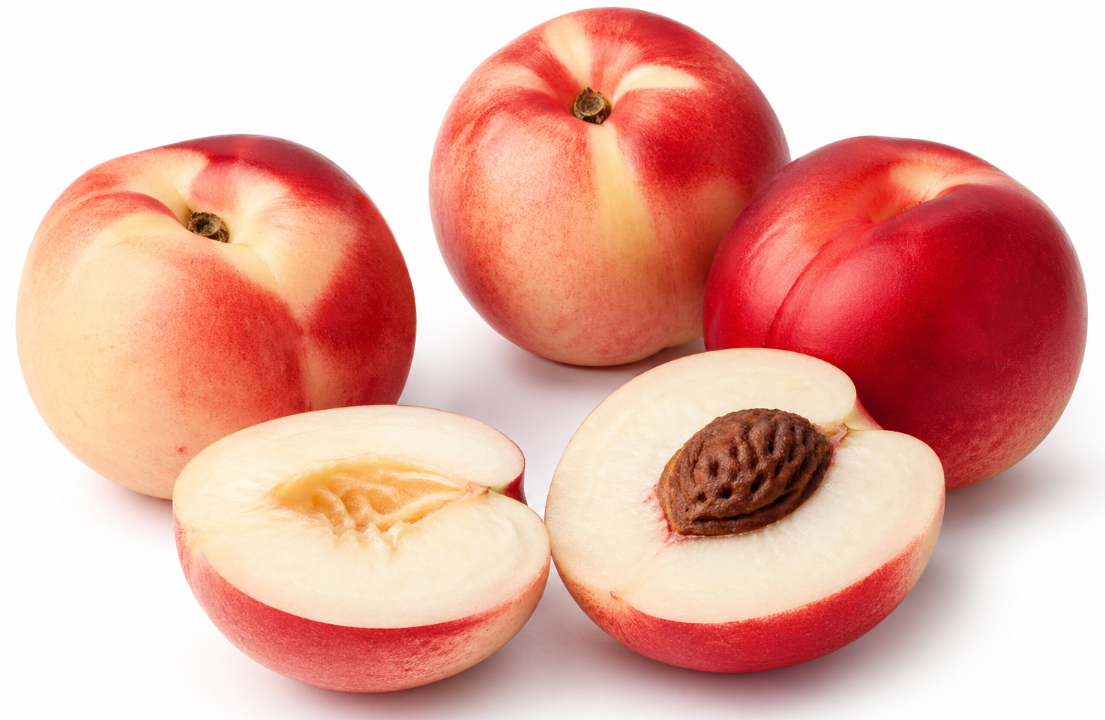 White Satin nectarine cut open showing white flesh juicy texture premium fruit