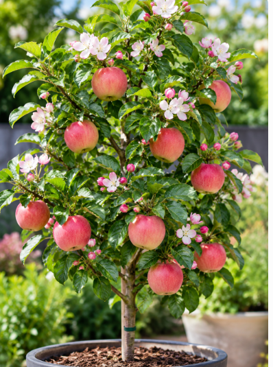Pinkabelle dwarf apple tree with pink apples, ideal for pots and small backyard gardens at Sai Nursery.