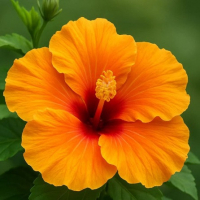 Compact hibiscus with glowing yellow-orange sunrise blooms
